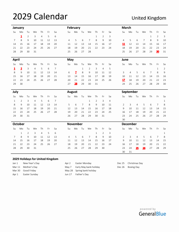 Standard Holiday Calendar for 2029 with United Kingdom Holidays 