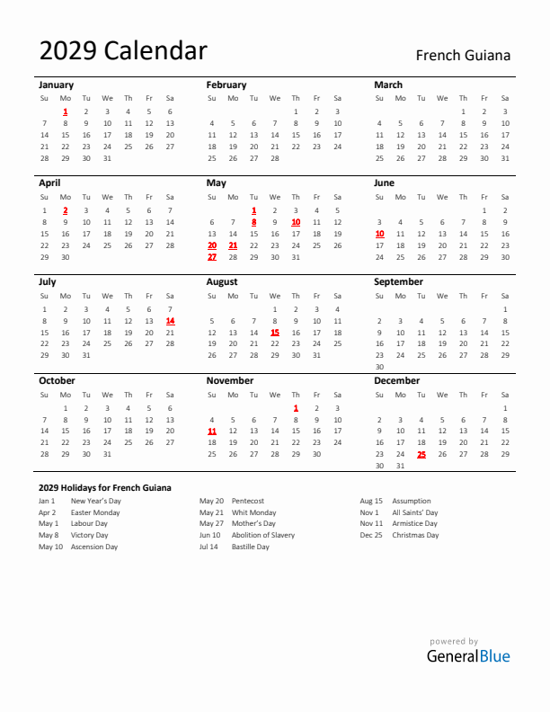 Standard Holiday Calendar for 2029 with French Guiana Holidays 