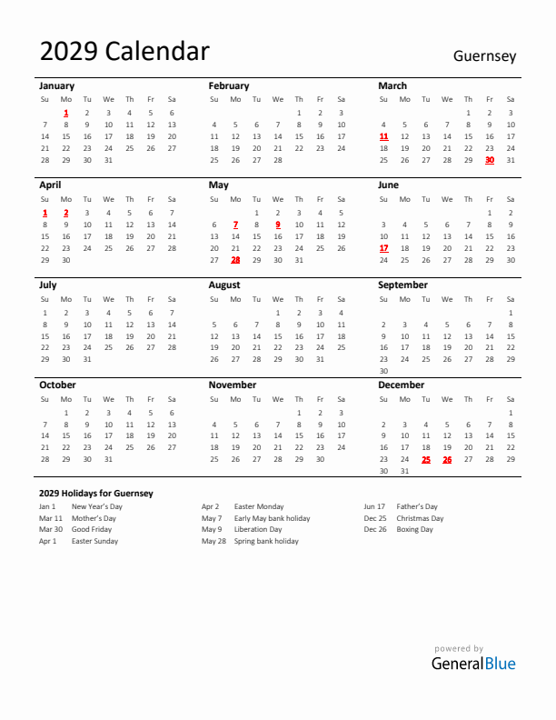 Standard Holiday Calendar for 2029 with Guernsey Holidays 