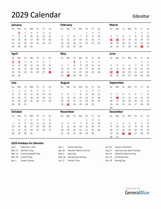 Standard Holiday Calendar for 2029 with Gibraltar Holidays 