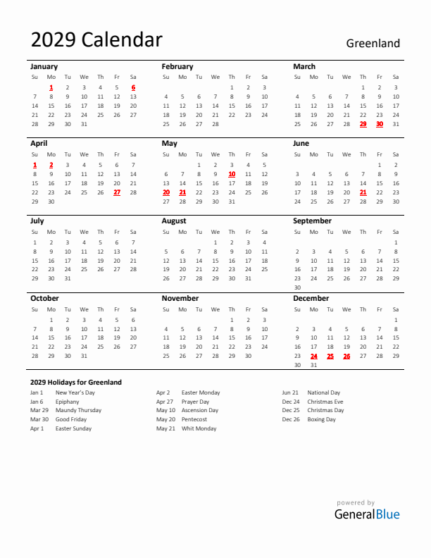 Standard Holiday Calendar for 2029 with Greenland Holidays 