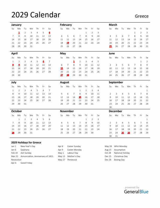 Standard Holiday Calendar for 2029 with Greece Holidays 