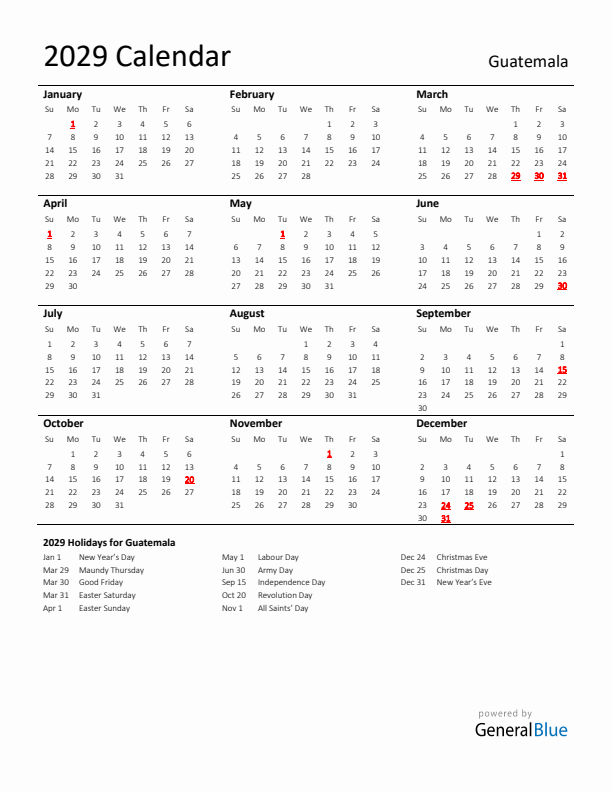 Standard Holiday Calendar for 2029 with Guatemala Holidays 