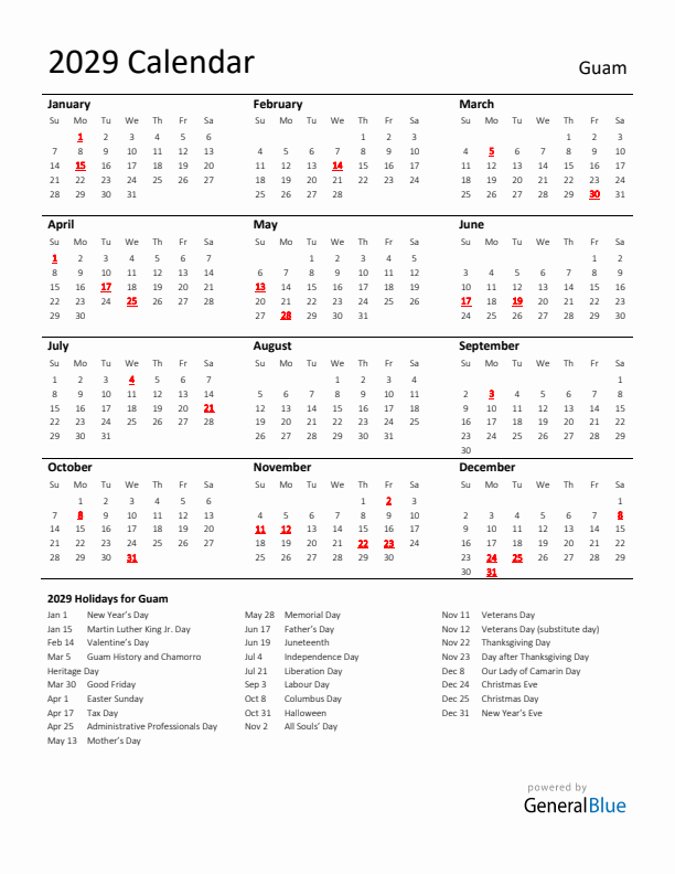 Standard Holiday Calendar for 2029 with Guam Holidays 