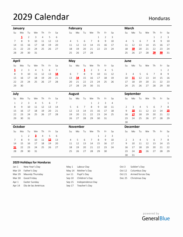 Standard Holiday Calendar for 2029 with Honduras Holidays 