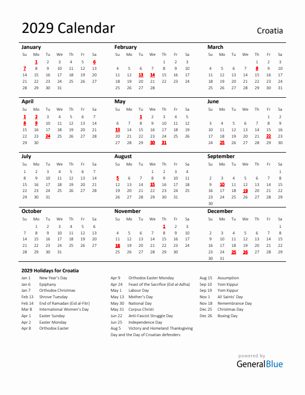 Standard Holiday Calendar for 2029 with Croatia Holidays 