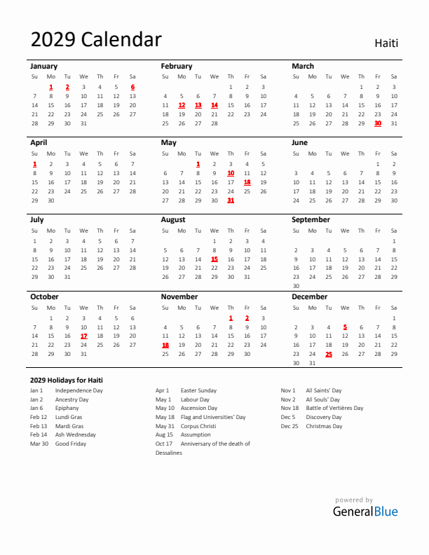 Standard Holiday Calendar for 2029 with Haiti Holidays 
