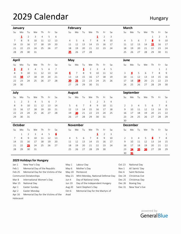 Standard Holiday Calendar for 2029 with Hungary Holidays 