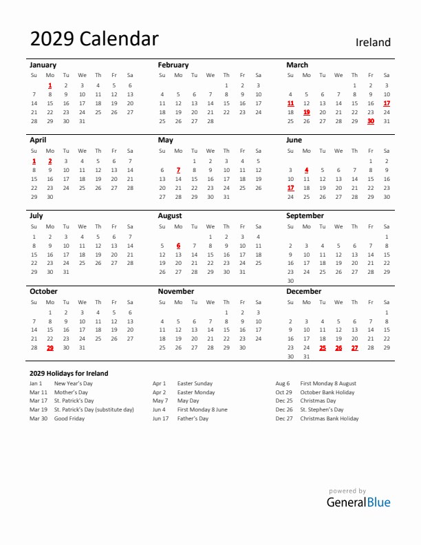 Standard Holiday Calendar for 2029 with Ireland Holidays 