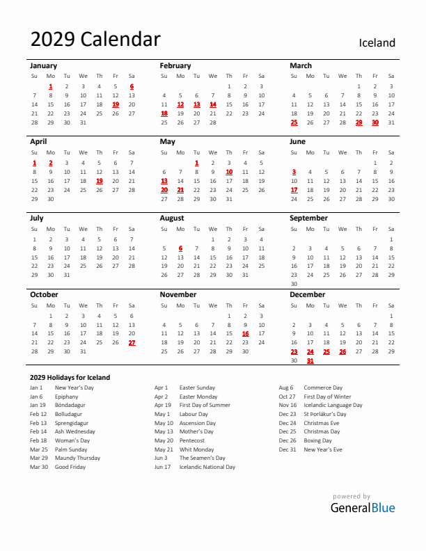 Standard Holiday Calendar for 2029 with Iceland Holidays 