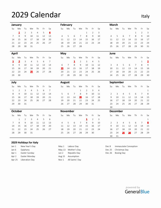 Standard Holiday Calendar for 2029 with Italy Holidays 