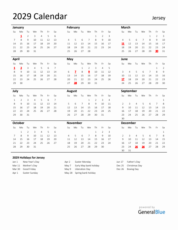 Standard Holiday Calendar for 2029 with Jersey Holidays 