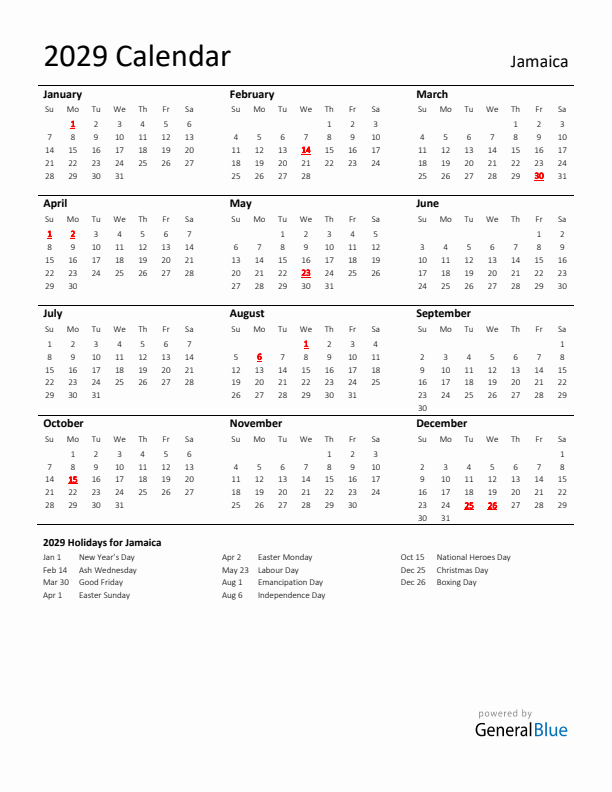 Standard Holiday Calendar for 2029 with Jamaica Holidays 