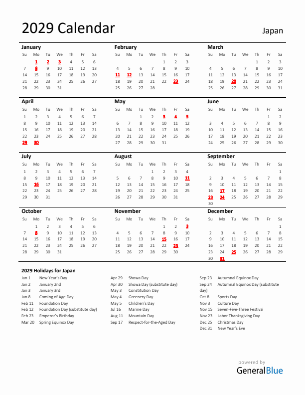 Standard Holiday Calendar for 2029 with Japan Holidays 