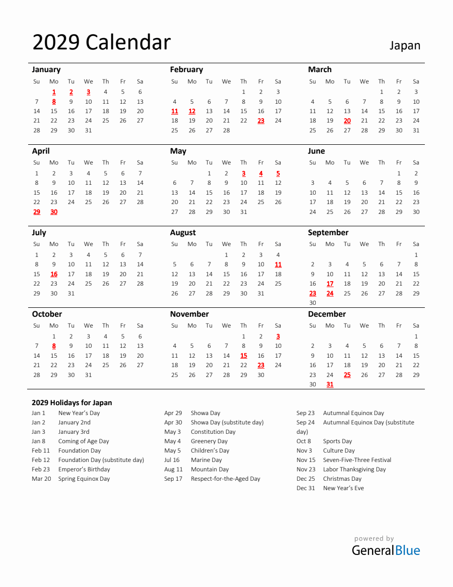 Standard Holiday Calendar for 2029 with Japan Holidays