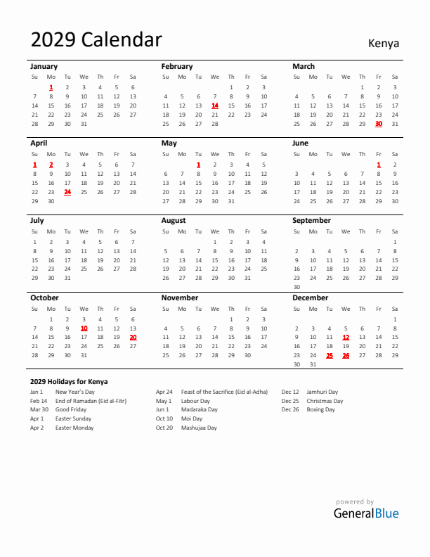 Standard Holiday Calendar for 2029 with Kenya Holidays 
