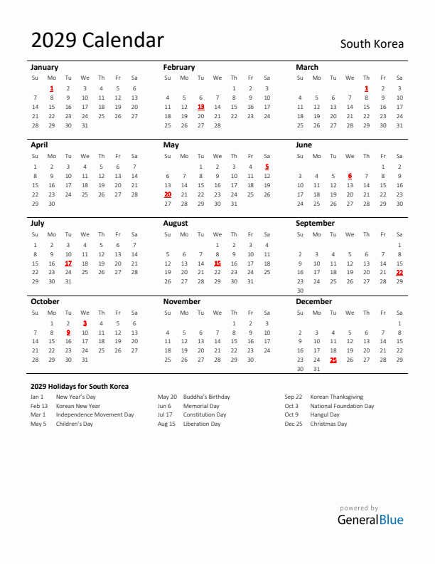 Standard Holiday Calendar for 2029 with South Korea Holidays 