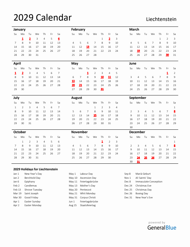 Standard Holiday Calendar for 2029 with Liechtenstein Holidays 
