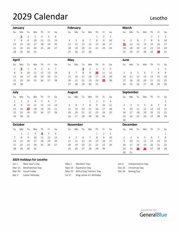 Standard Holiday Calendar for 2029 with Lesotho Holidays 