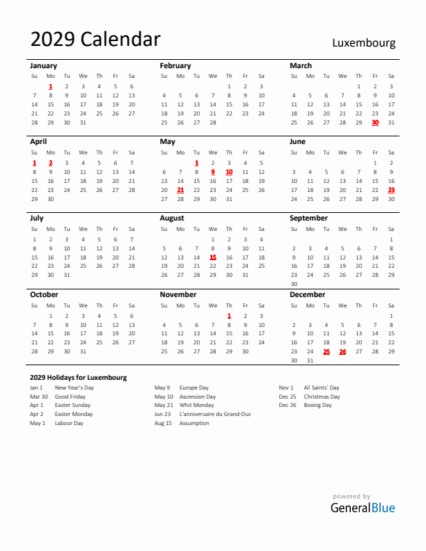 Standard Holiday Calendar for 2029 with Luxembourg Holidays 