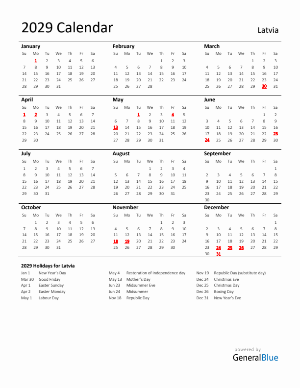 Standard Holiday Calendar for 2029 with Latvia Holidays 