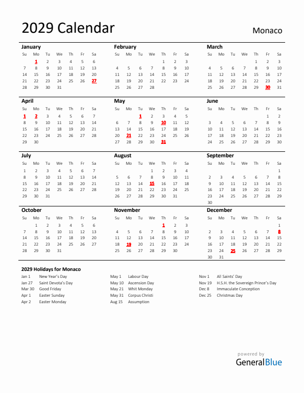 Standard Holiday Calendar for 2029 with Monaco Holidays 