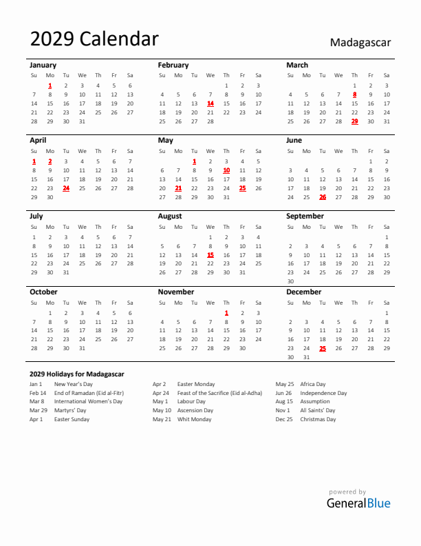 Standard Holiday Calendar for 2029 with Madagascar Holidays 