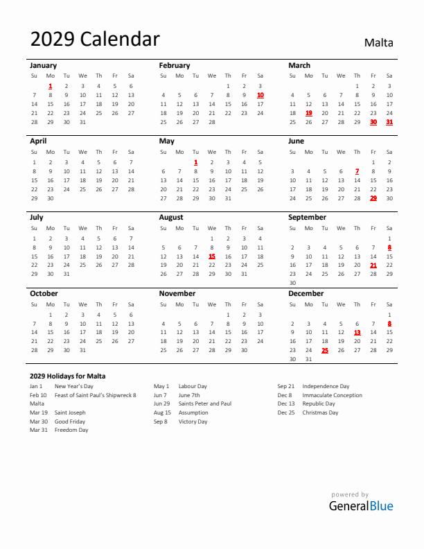 Standard Holiday Calendar for 2029 with Malta Holidays 