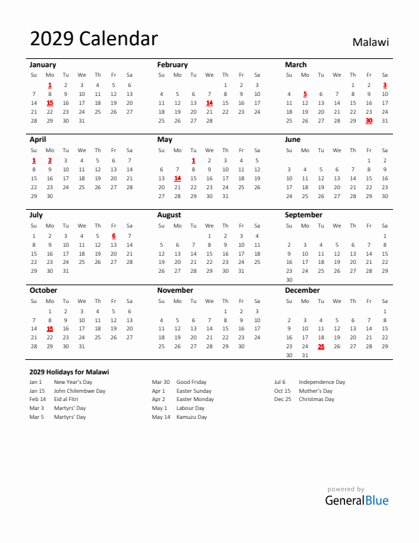 Standard Holiday Calendar for 2029 with Malawi Holidays 