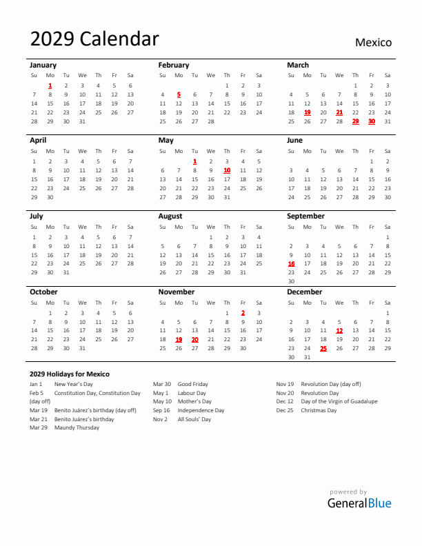 Standard Holiday Calendar for 2029 with Mexico Holidays 