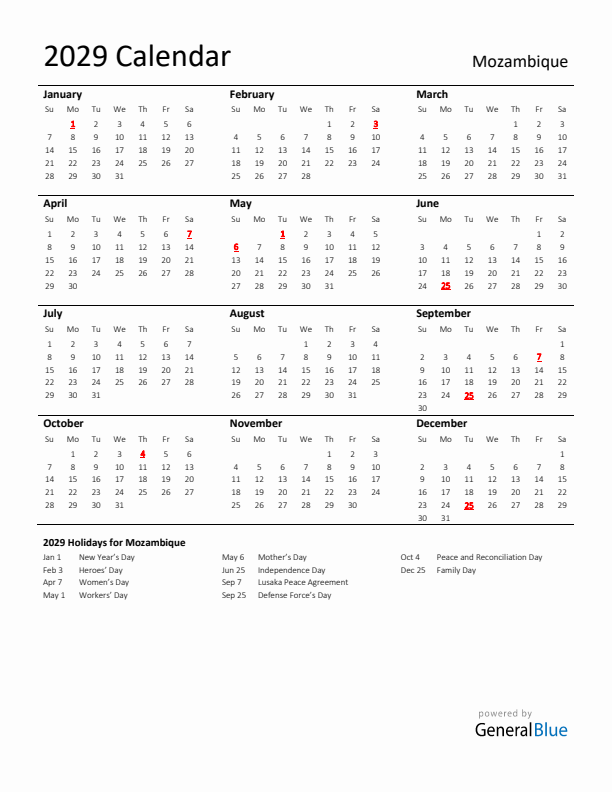 Standard Holiday Calendar for 2029 with Mozambique Holidays 