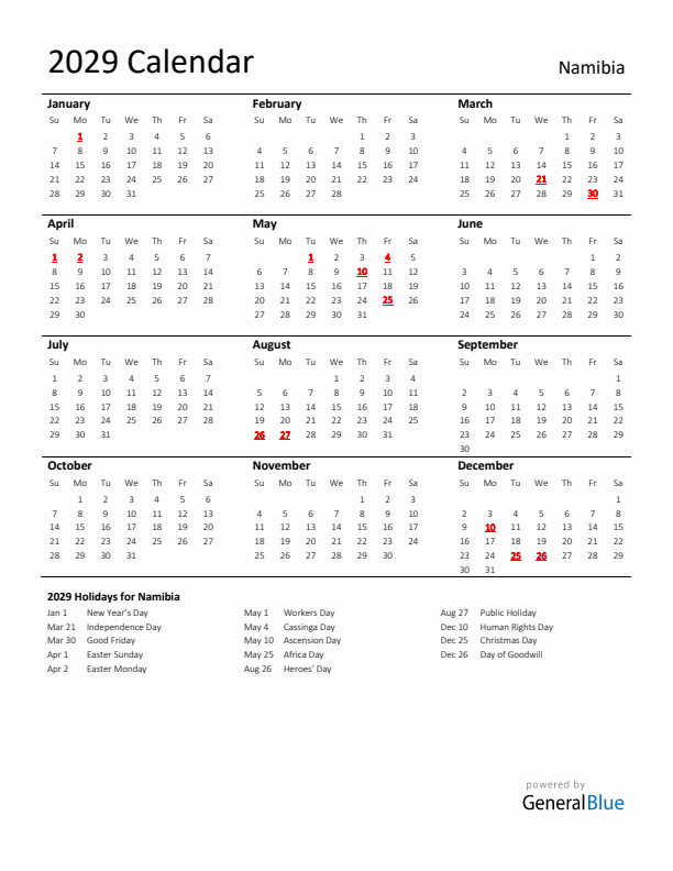 Standard Holiday Calendar for 2029 with Namibia Holidays 