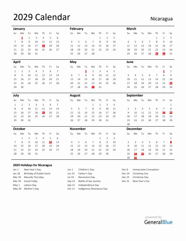 Standard Holiday Calendar for 2029 with Nicaragua Holidays 