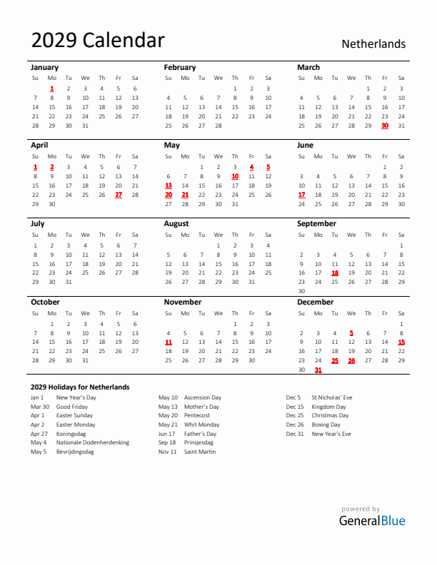 Standard Holiday Calendar for 2029 with The Netherlands Holidays 