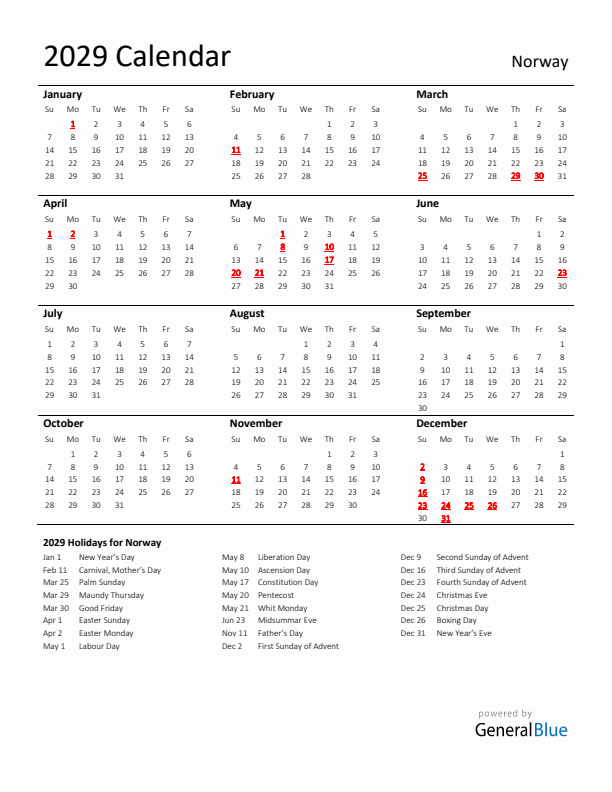 Standard Holiday Calendar for 2029 with Norway Holidays 