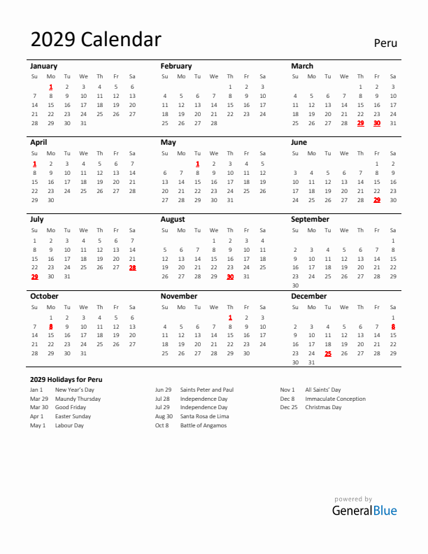 Standard Holiday Calendar for 2029 with Peru Holidays 
