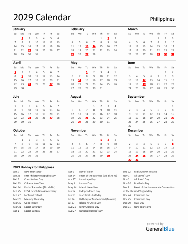 Standard Holiday Calendar for 2029 with Philippines Holidays 
