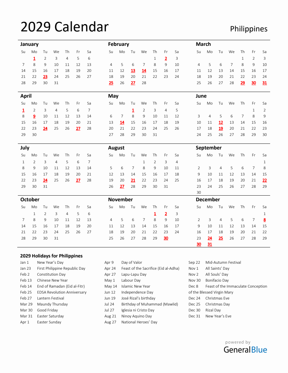 Standard Holiday Calendar for 2029 with Philippines Holidays