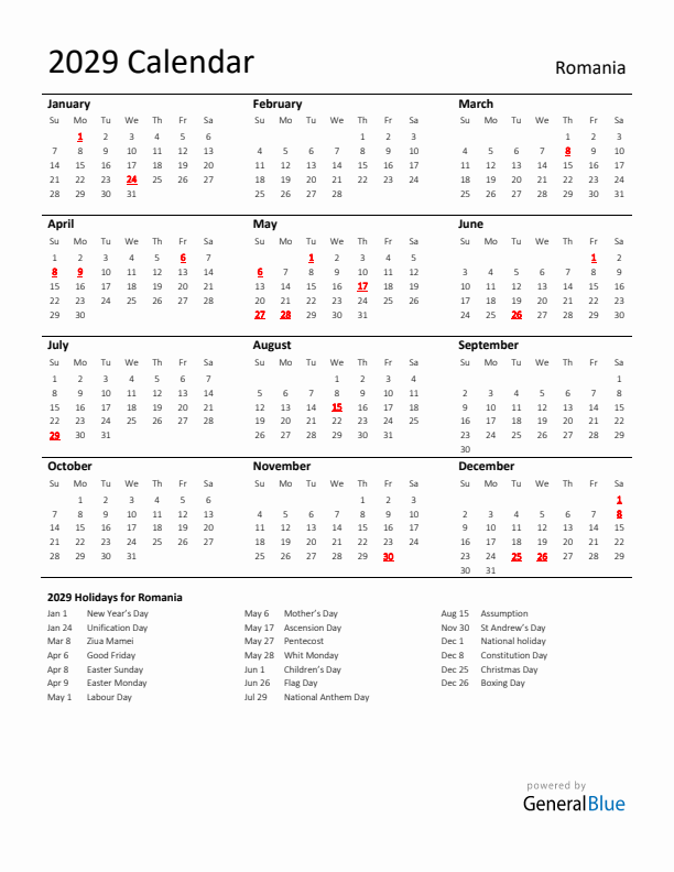 Standard Holiday Calendar for 2029 with Romania Holidays 