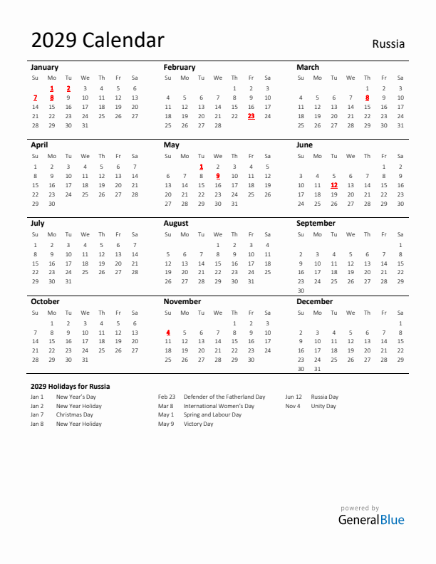 Standard Holiday Calendar for 2029 with Russia Holidays 