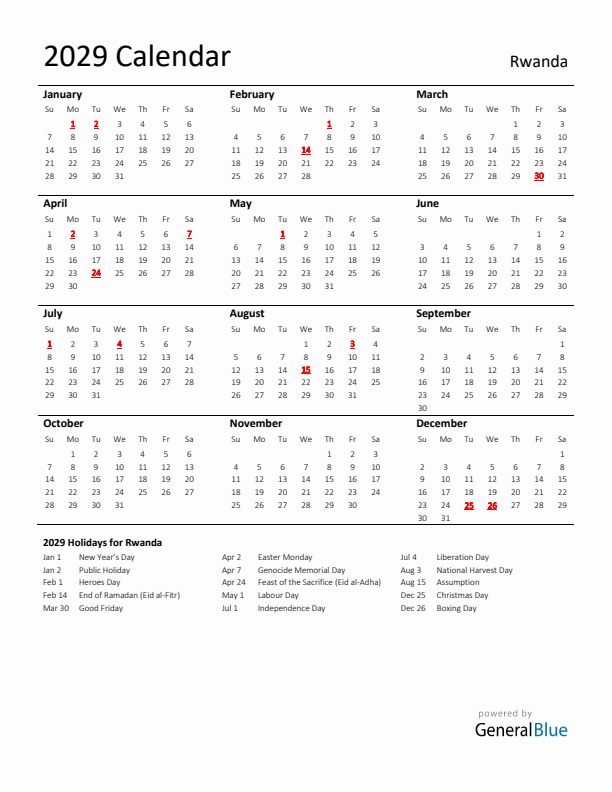 Standard Holiday Calendar for 2029 with Rwanda Holidays 