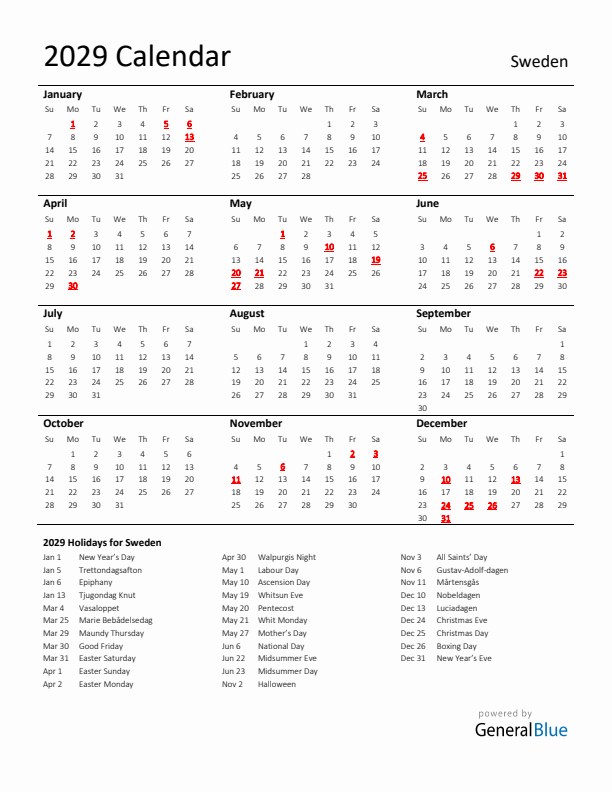 Standard Holiday Calendar for 2029 with Sweden Holidays 