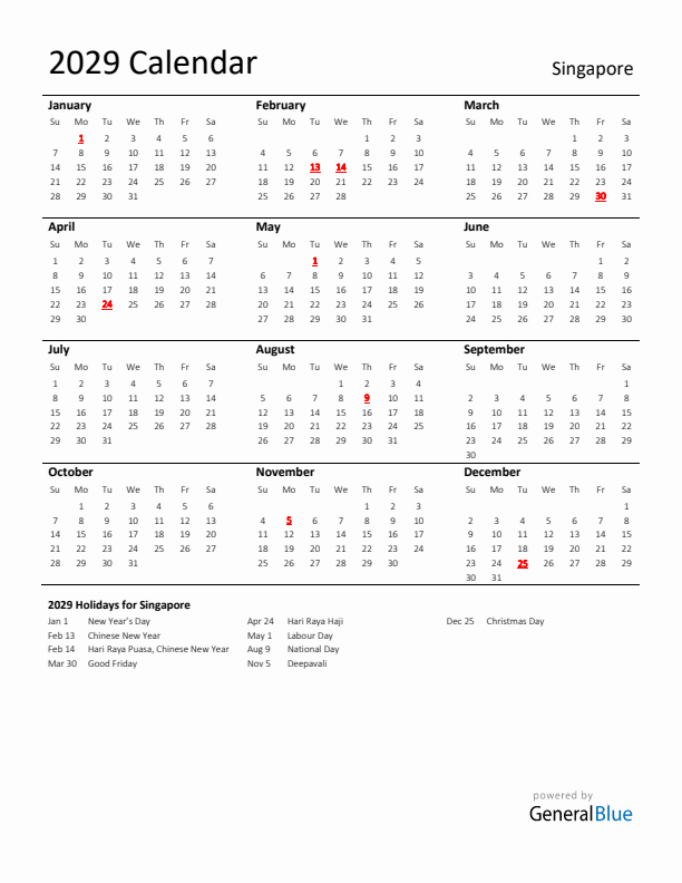 Standard Holiday Calendar for 2029 with Singapore Holidays 