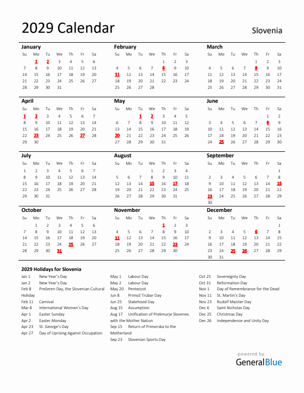 Standard Holiday Calendar for 2029 with Slovenia Holidays 