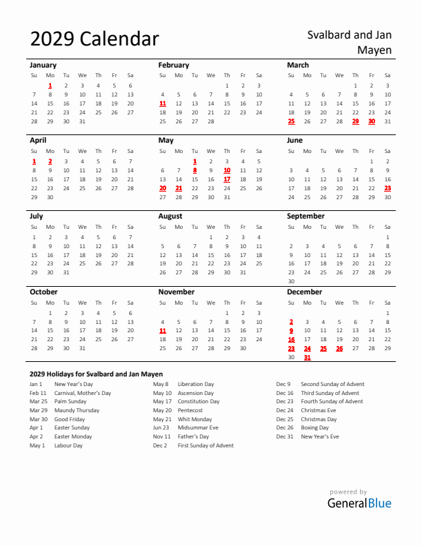 Standard Holiday Calendar for 2029 with Svalbard and Jan Mayen Holidays 