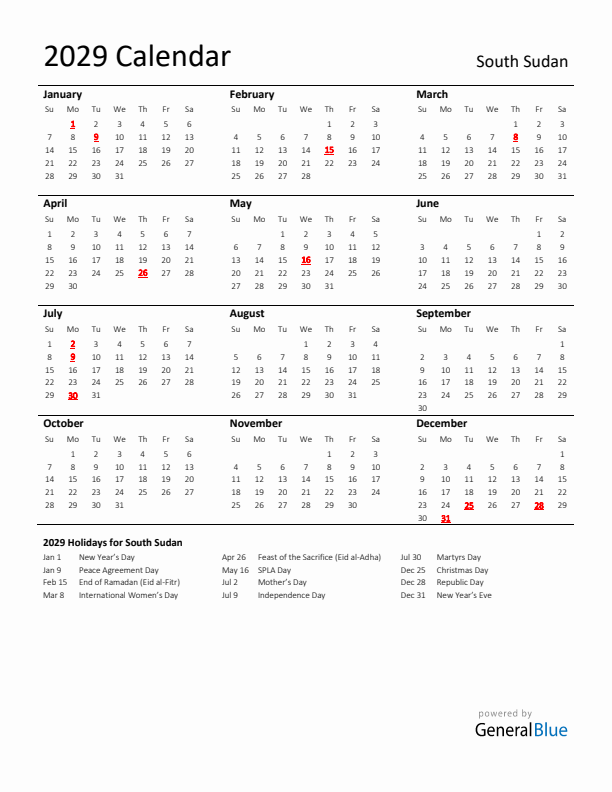 Standard Holiday Calendar for 2029 with South Sudan Holidays 