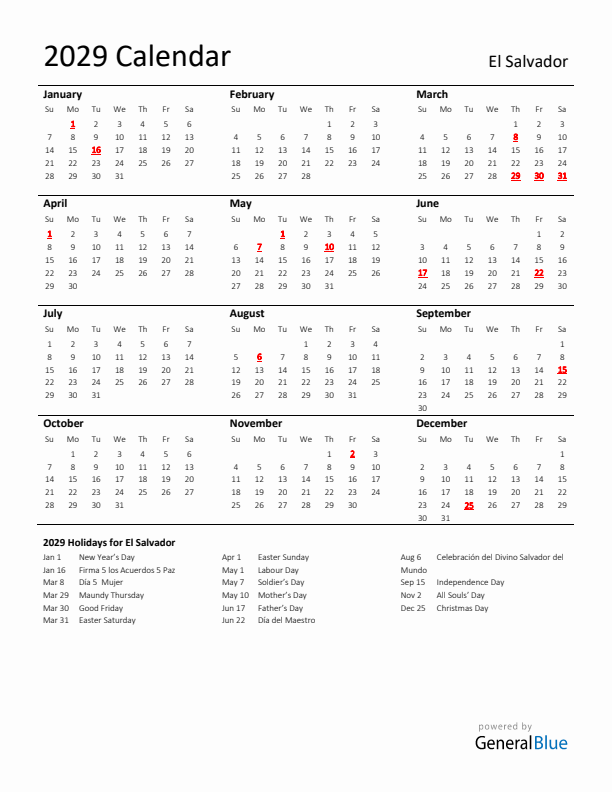 Standard Holiday Calendar for 2029 with El Salvador Holidays 