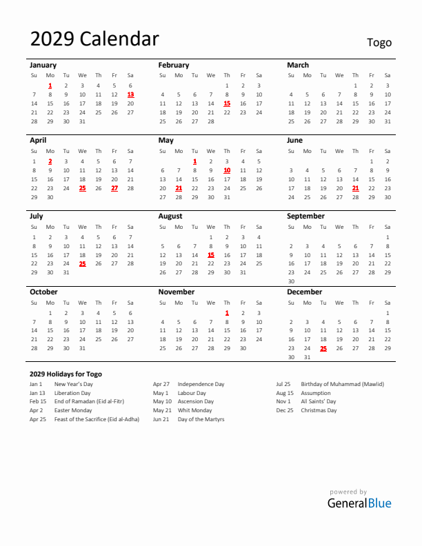 Standard Holiday Calendar for 2029 with Togo Holidays 