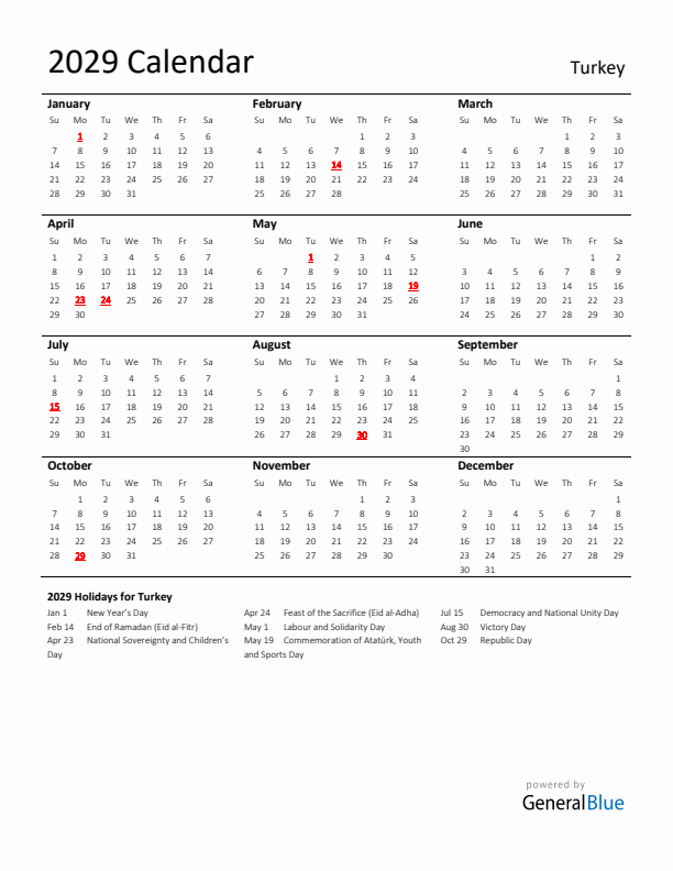 Standard Holiday Calendar for 2029 with Turkey Holidays 