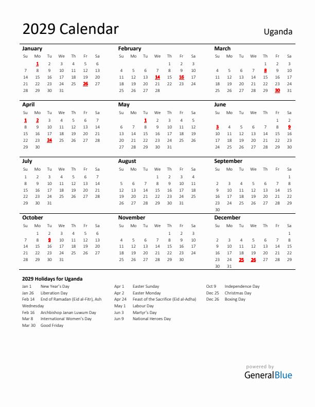 Standard Holiday Calendar for 2029 with Uganda Holidays 